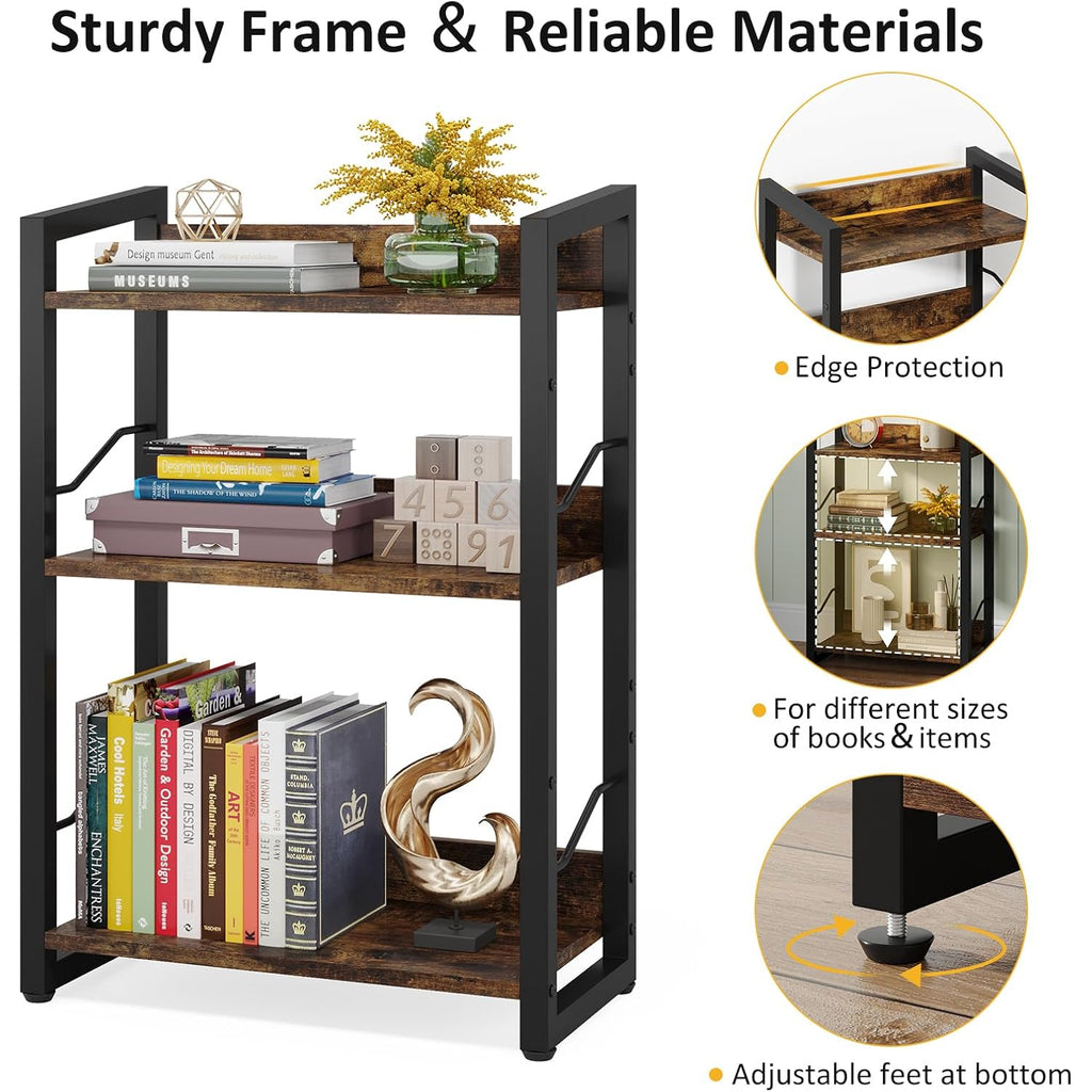 Book Shelf Small Bookshelf: 3-Tier Wood Bookcase Industrial Bookshelf With Edge Protection Metal Narrow Bookcase Storage Organizer Display Rack For Bedroom Home Office (Rustic Brown)