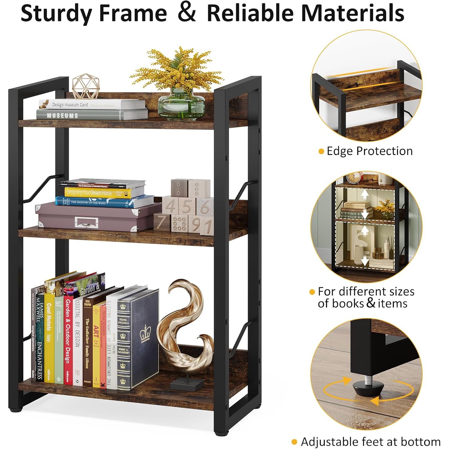 Book Shelf Small Bookshelf: 3-Tier Wood Bookcase Industrial Bookshelf With Edge Protection Metal Narrow Bookcase Storage Organizer Display Rack For Bedroom Home Office (Rustic Brown)