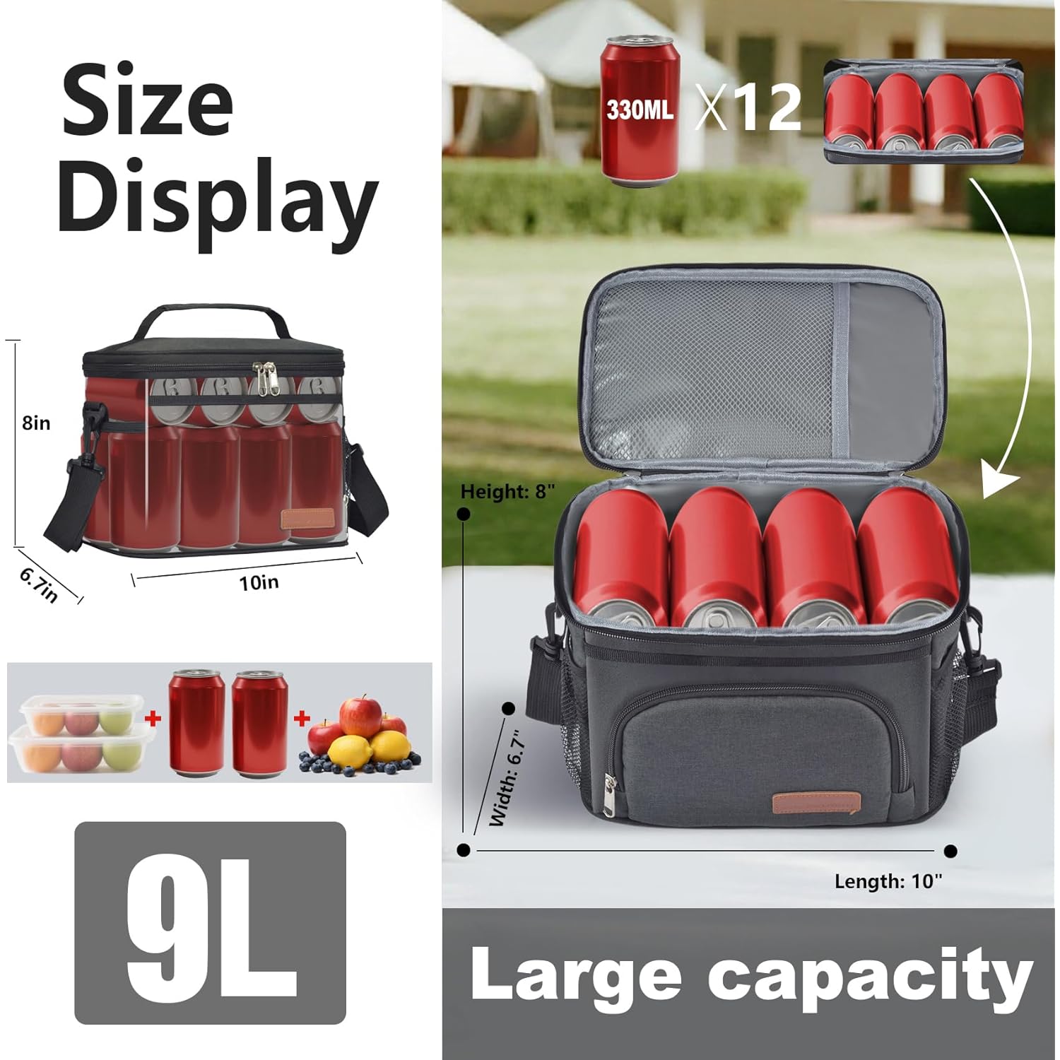 ExtraCharm Insulated Lunch Bag for Women/Men - Reusable Lunch Box for Office Picnic Hiking Beach - Leakproof Cooler Tote Bag Organizer with Adjustable Shoulder Strap for Adults - Black