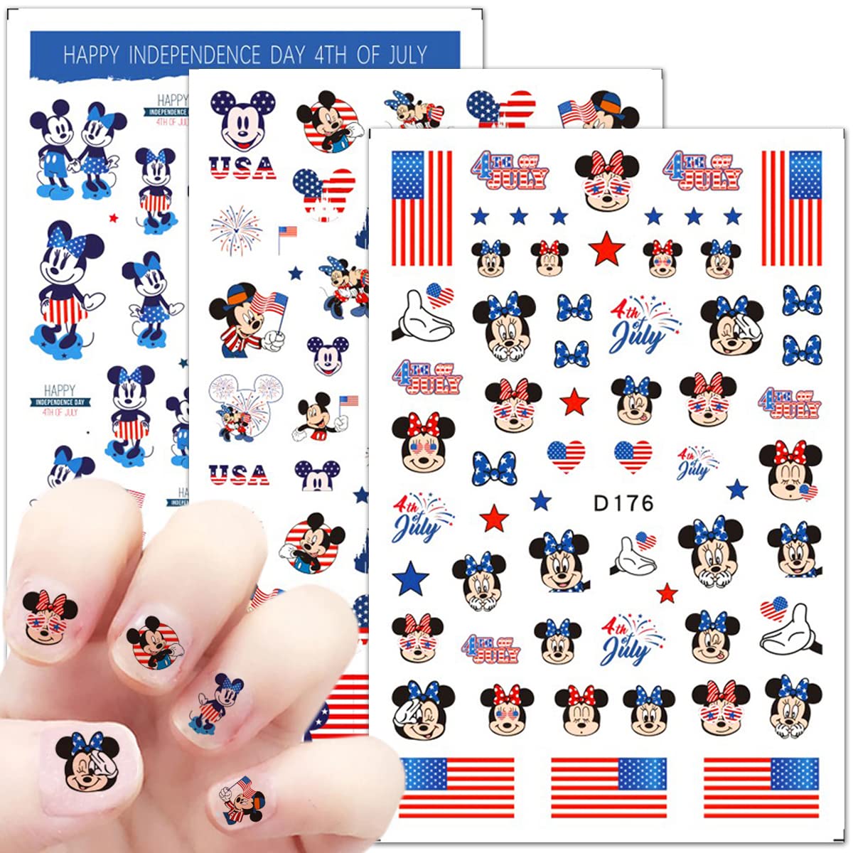 Independence Day Cartoon Nail Art Stickers 3D Self-Adhesive Designer Nail Stickers USA Patriotic Hearts Mouse Nail Design 4th of July Nail Decals for Women DIY Cute Holiday Nail Decoration 6 Sheets