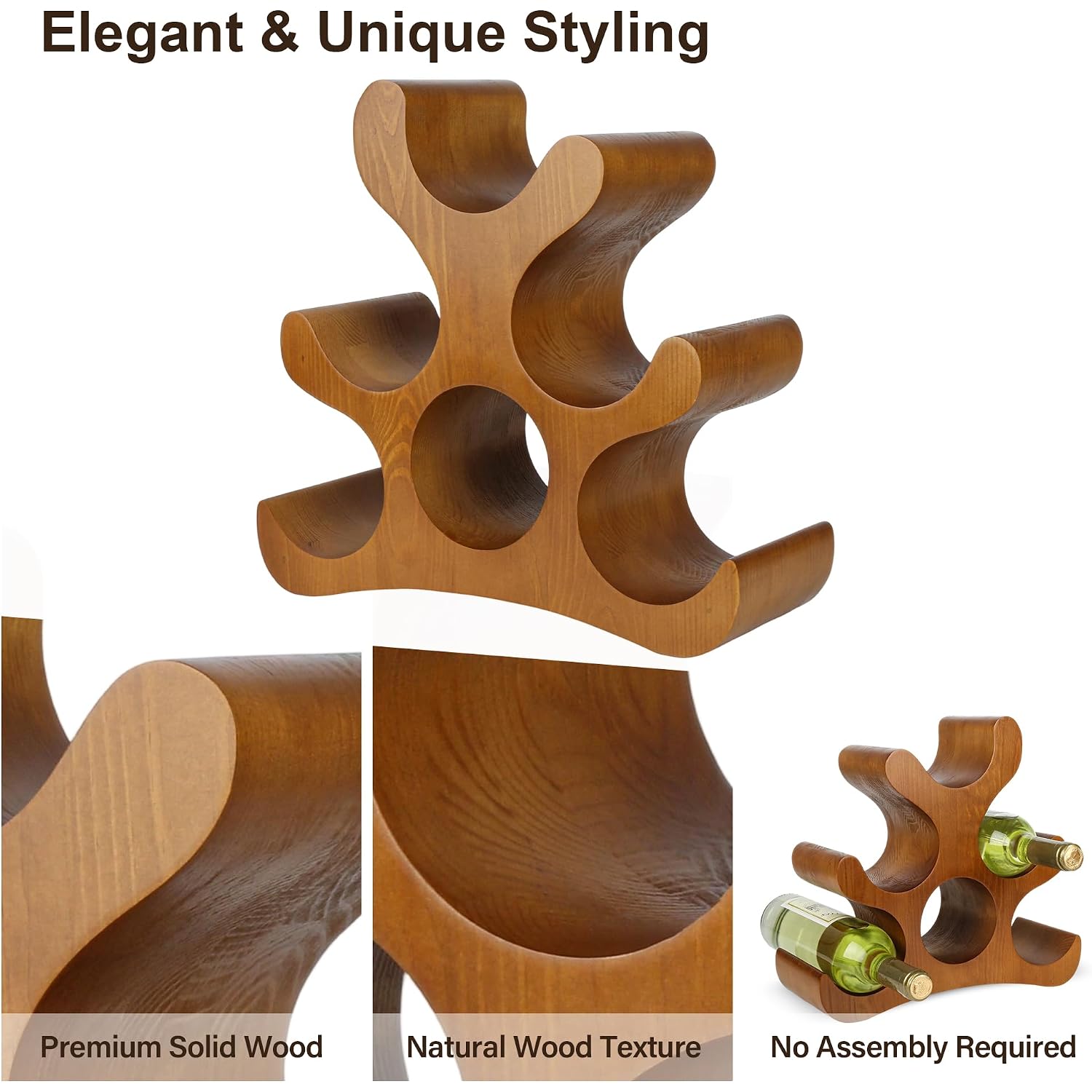 Countertop Wine Rack - 6 Bottle Wooden Wine Rack - Freestanding Wine Bottle Holder Stand - Wine Storage Rack For Cabinet Pantry Bar Kitchen