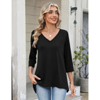 3/4 Length Sleeve Womens Tops V Neck Loose Fit Dressy Casual Blouse Flowy Shirts Plus Size Womens Clothing S-3Xl