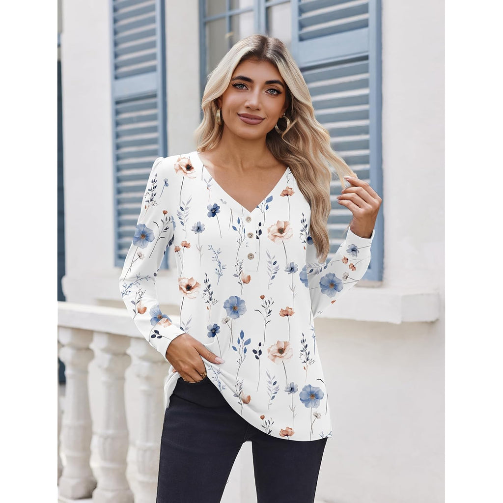 Women's Long Sleeve Shirts V Neck Dressy Casual Tops Trendy Button Down Blouse Fall Fashion Work Clothes