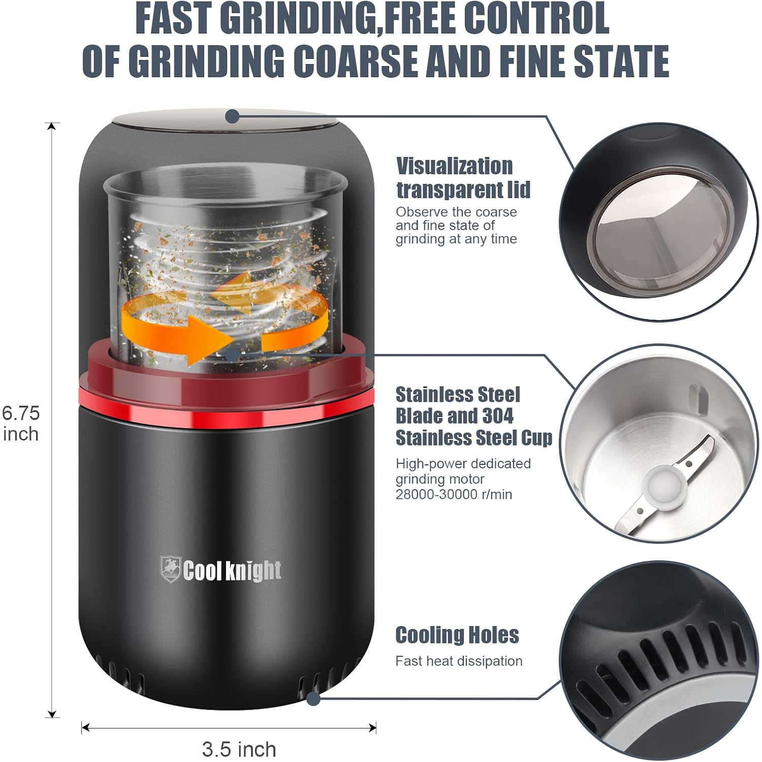 Cool Knight Herb Grinder [Large Capacity/Fast/Electric ]-Spice Herb Coffee Grinder With Pollen Catcher/- 7.5" (Black)