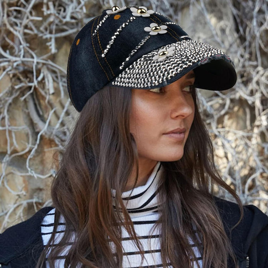 Women Bling Baseball Cap with Flower, Vintage Adjustable Low-Profile Dad Hat Sport Strapback Caps for Ladies Rose Red