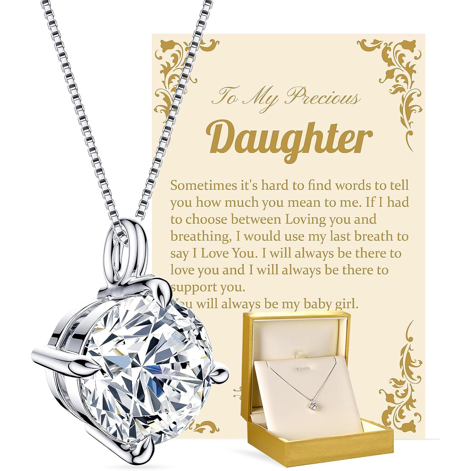 Beam & Bask Adult Daughter Necklace from Mom Dad, Birthday Wedding Graduation Pendant for Daughter from Mother Father, Silver Moissanite Jewelry for Her