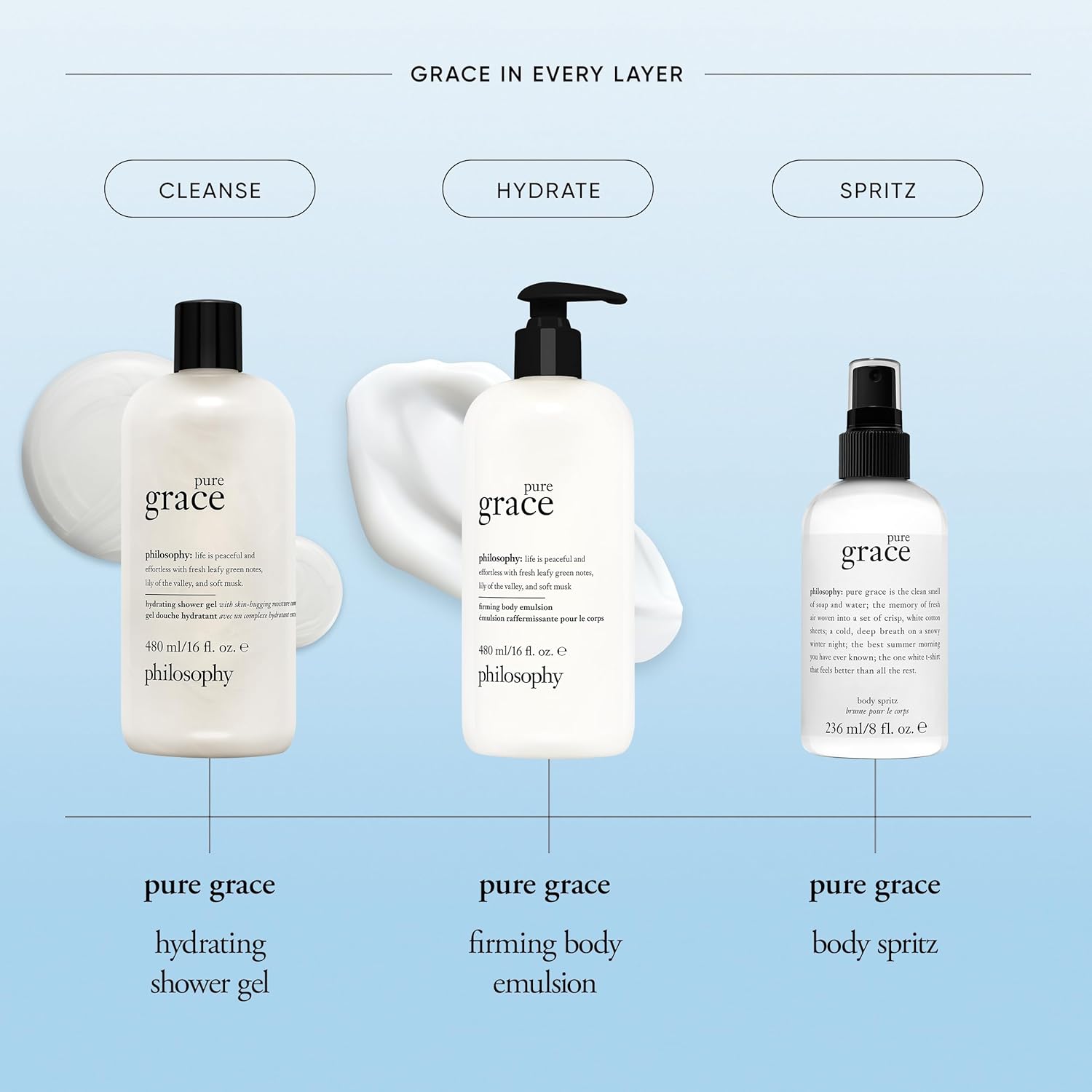 philosophy pure grace body spray - crisp & clean women's scent - with notes of water lily, leafy greens & musk - luxury body spritz for women - long lasting fragrance - 8 fl oz.