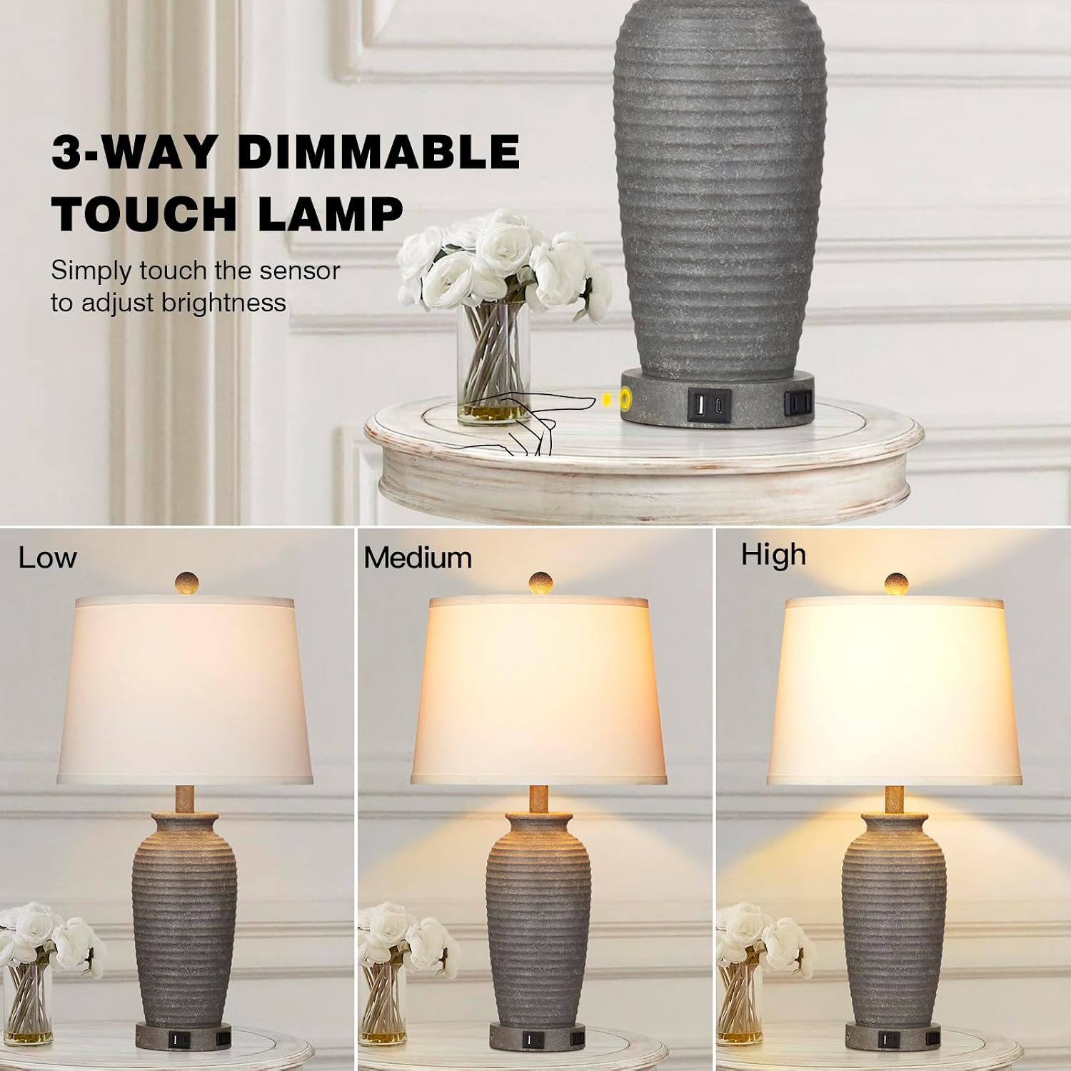 Cinsary 25" Farmhouse Jar Table Lamps Set Of 2, 3 Way Touch Control Rustic Bedside Lamps With Usb A+C Ports & Ac Outlet, Pot Nightstand Lamps For Bedroom Living Room (Led Bulbs Included)