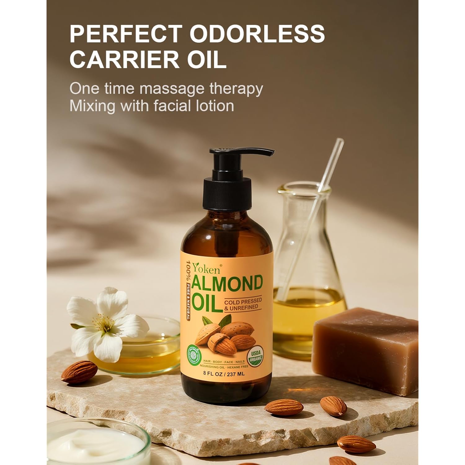 Yoken Organic Almond Oil 8 Oz Glass Bottle, Cold Pressed For Skin & Hair