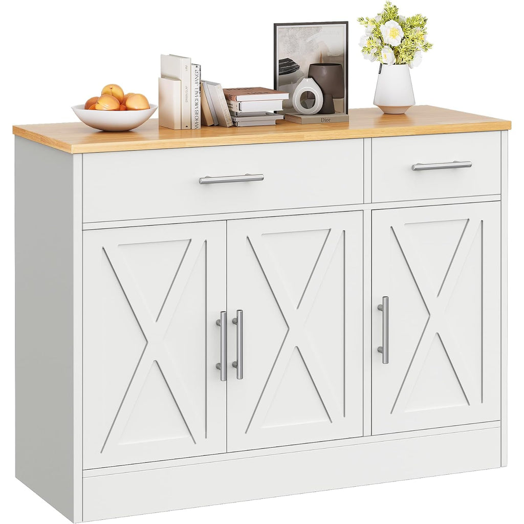 Vongrasig 43” Coffee Bar Cabinet, Farmhouse Buffet Cabinet With Storage, Sideboard Buffet With Drawers And Shelves For Kitchen, White