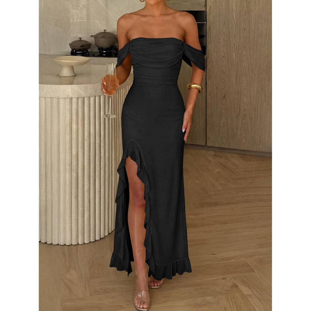 Caracilia Womens Summer Off The Shoulder Formal Bodycon Maxi Dresses High Slit Ruffle Hem Mesh Wedding Guest Cocktail Dress
