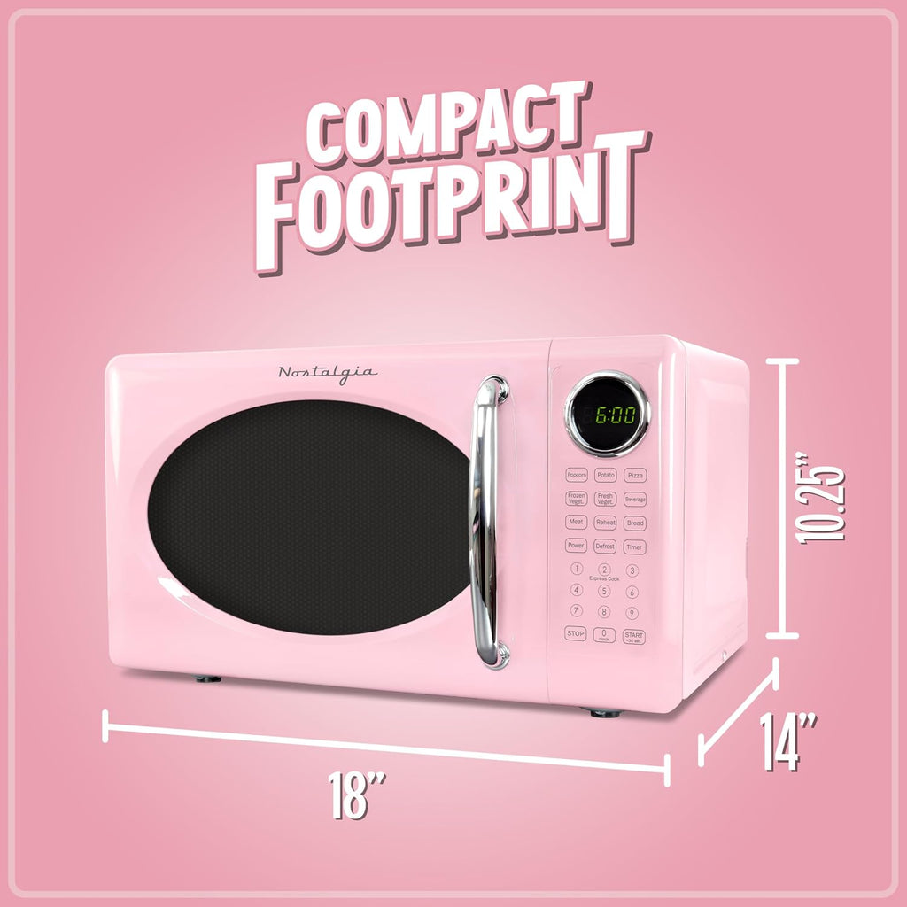 Nostalgia Retro Microwave Oven - 0.7 Cu Ft, 700-Watt Countertop Size With Glass Turntable, Child Safety Lock, 8 Auto-Cook Programs, Digital Clock - Pink