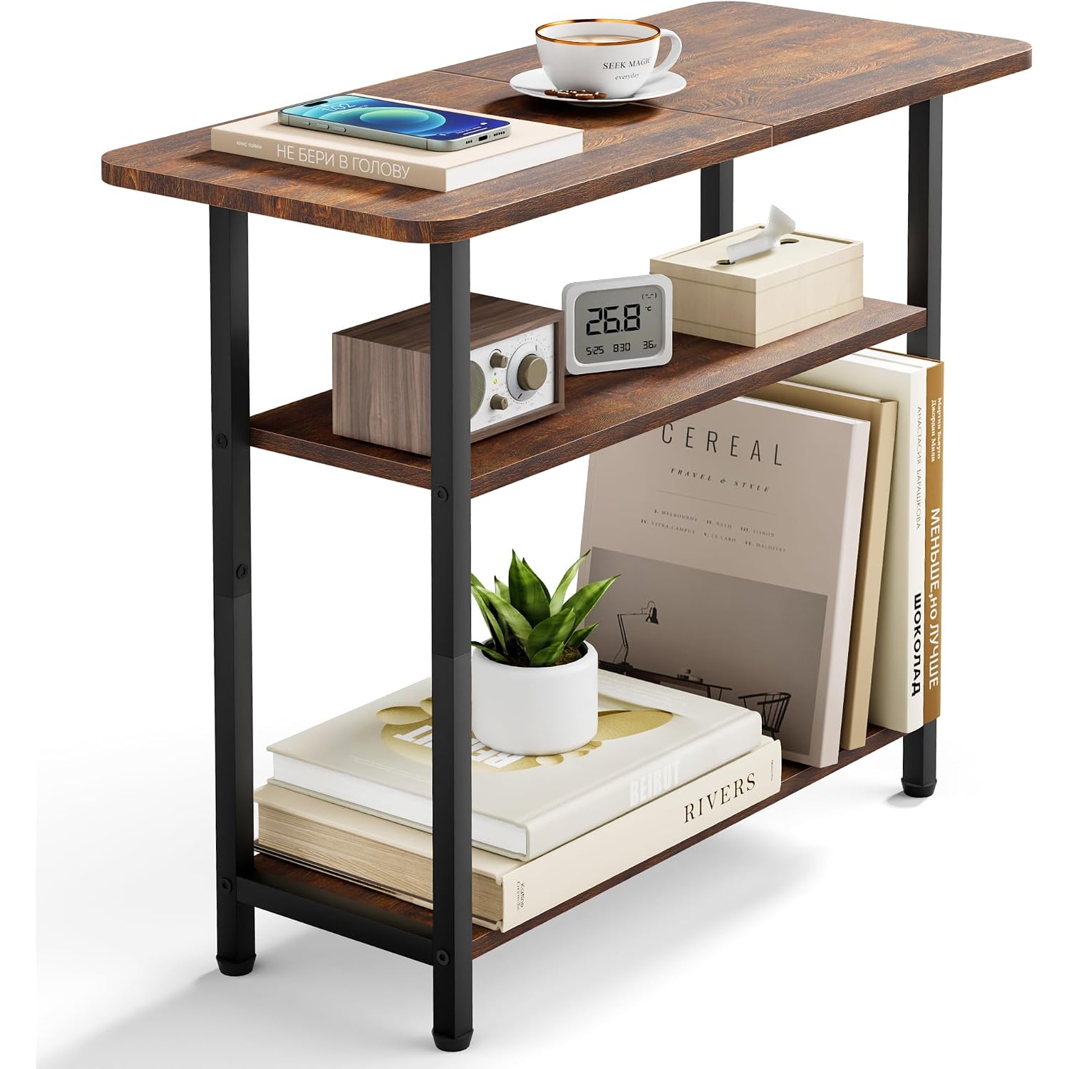 Sleeping Lamb Side Table For Living Room, 3-Tier End Table For Small Space With Wide Storage Tabletop, Rustic Brown Narrow Nightstand For Bedroom, Sofa Couch