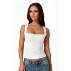 Qinsen Women'S Square Neck Sleeveless Double-Layer Tank Tops Basic Tight T Shirts