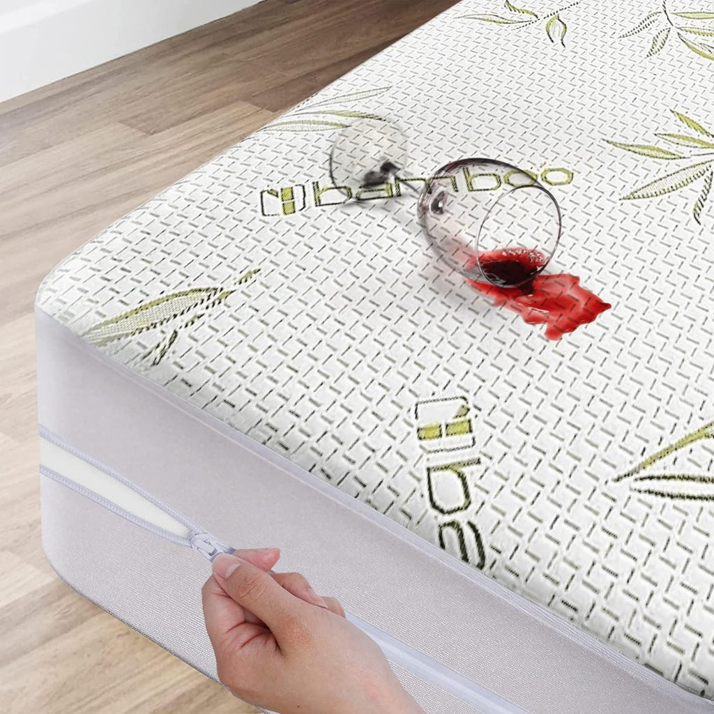 Bamboo Mattress Protector With Zipper - 100% Waterproof King Size Cooling Mattress Cover - Ultra Soft Jacquard Fabric Breathable Noiseless Mattress Pad Cover - Zippered Mattress Encasements
