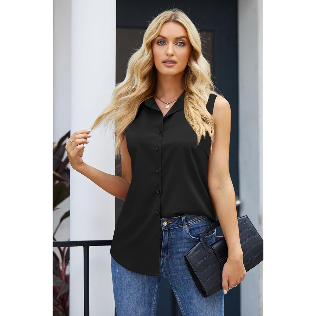Women's Sleeveless Button Down Shirts Blouses Casual Loose V Neck Tank Tops for Work S-XXL