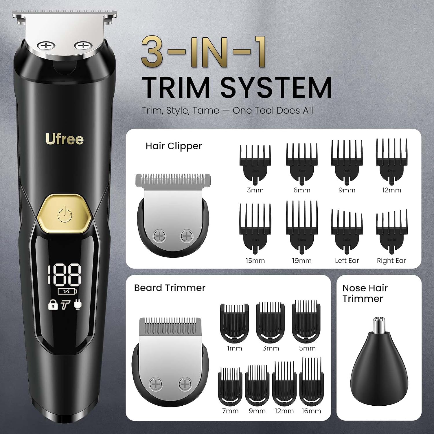 Ufree 3-In-1 Beard Trimmer For Men, Ipx6 Waterproof Electric Razor Shaver, Hair Mustache Body Nose Trimmer, Type-C Clippers Husband Father Boy Grooming Kit, Birthday Gifts For Men Dad
