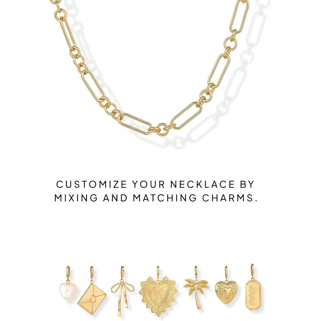 PAVOI 14K Gold Plated Chunky Charm Necklace Pack for Women | Statement Paperclip Chain Necklaces with Removable Charms | Heart Palm Tree Bow Pearl Love Friendship Necklace - Valentines Day Trendy Jewelry