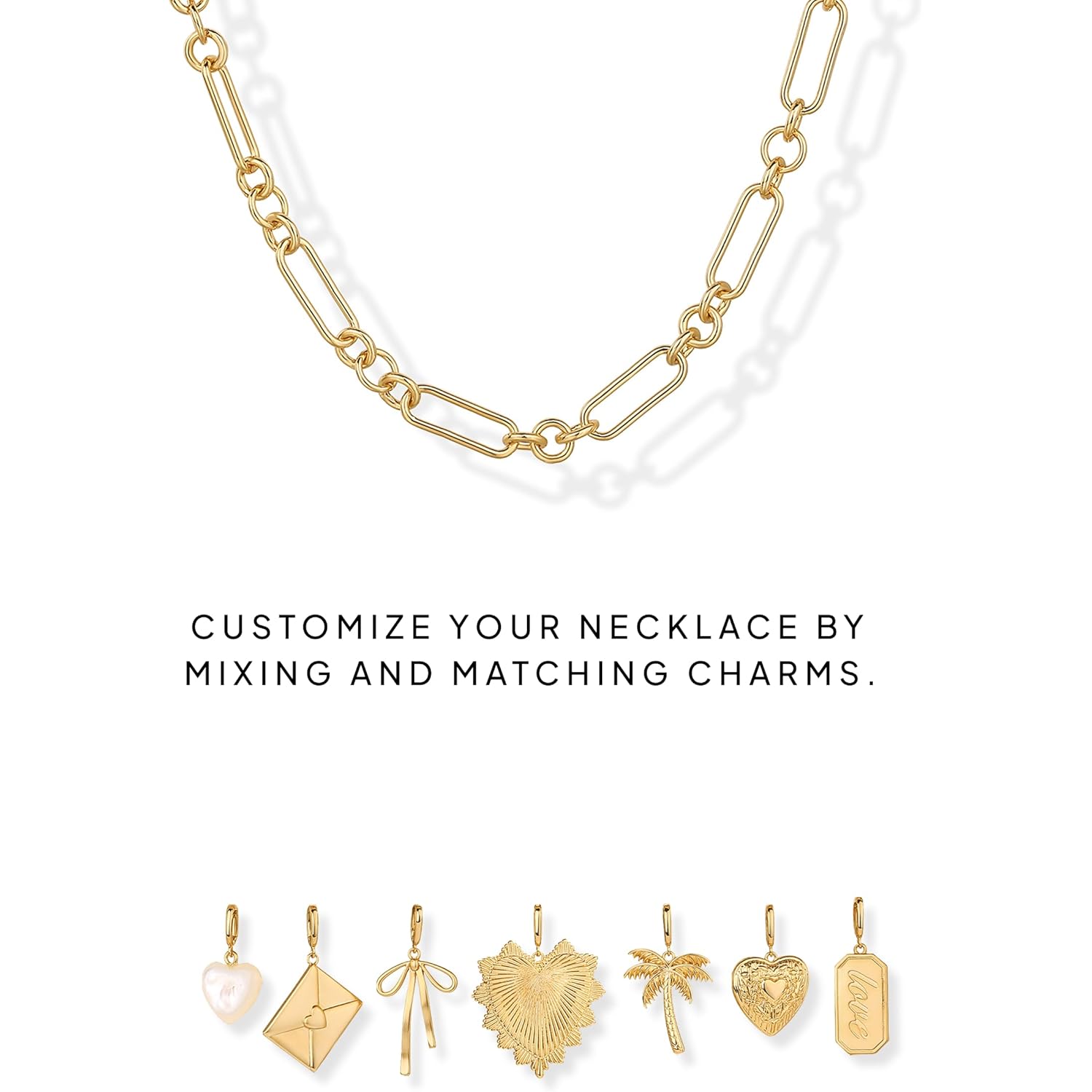 PAVOI 14K Gold Plated Chunky Charm Necklace Pack for Women | Statement Paperclip Chain Necklaces with Removable Charms | Heart Palm Tree Bow Pearl Love Friendship Necklace - Valentines Day Trendy Jewelry