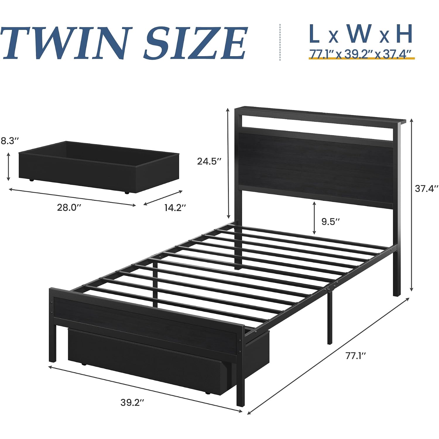 Twin Bed Frame,Twin Bed Frame With Storage Headboard & Storage Drawer, Charging Station & Led Light, No Box Spring Needed, Noise Free, Easy Assembly, Classic Black