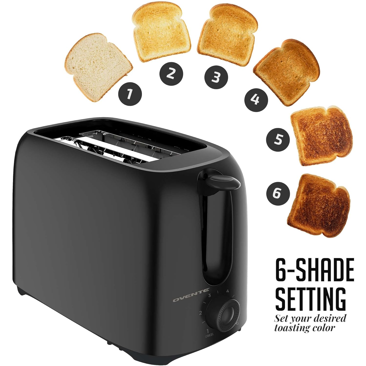 OVENTE Electric 2 Slice Toaster Machine with 6-Shade Browning Selector Setting, Compact Design and Removable Crumb Tray, 700W Power Perfect for Toasting Bread, Thin Bagels and Waffles, Black TP2210B
