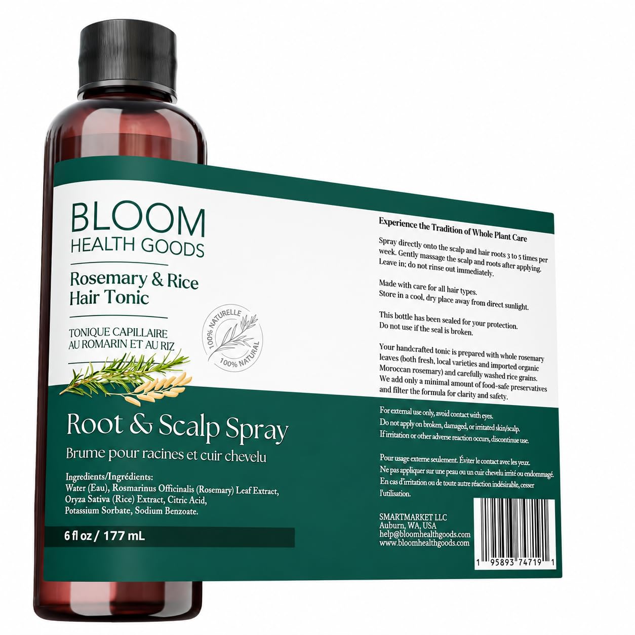 Rosemary & Rice Water Spray For Hair – Homegrown Rosemary, Korean Root & Scalp Hair Tonic – Strengthens & Adds Fullness – Leave-In Mist For Thinning Hair, Men & Women – 6 Oz