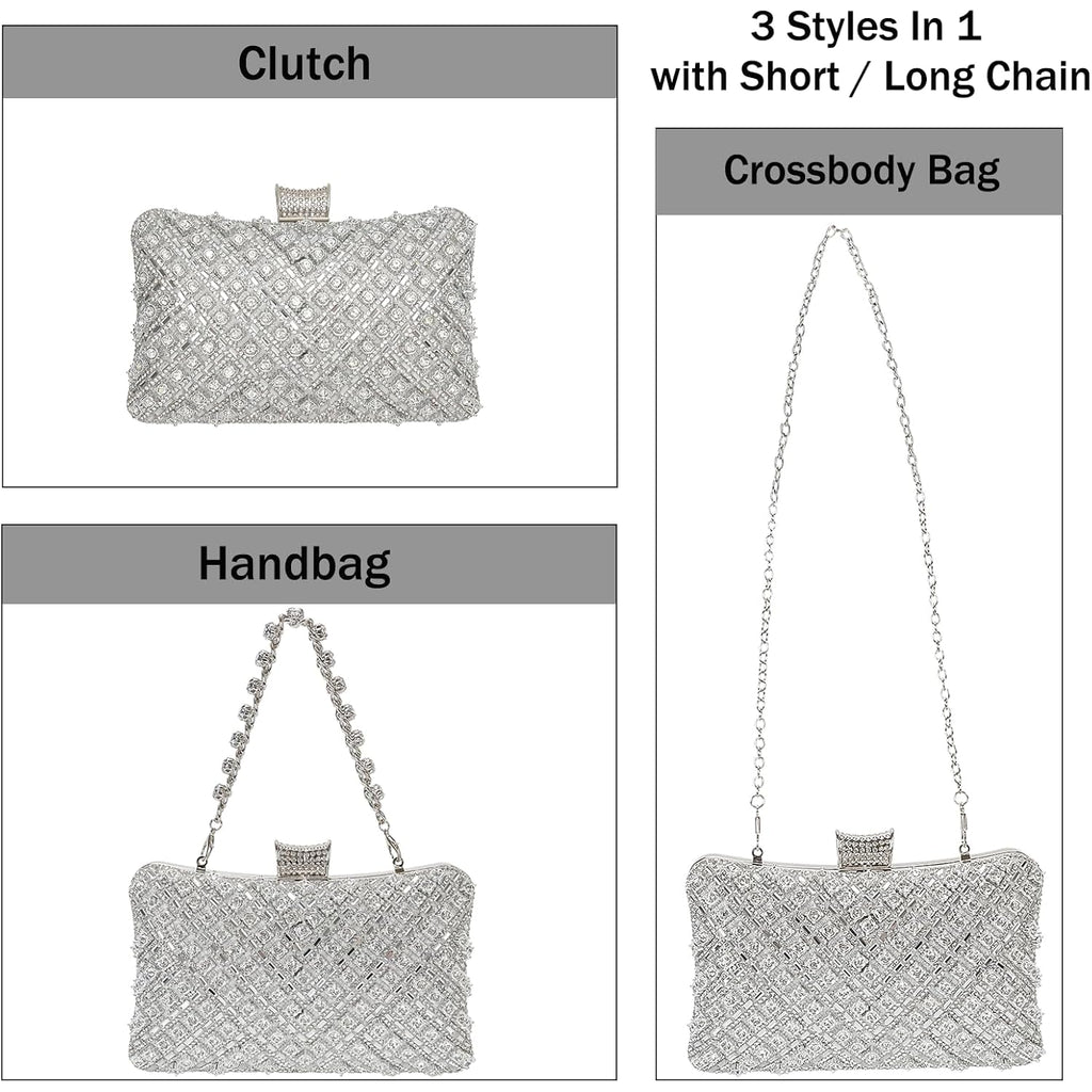 Women Sparkly Rhinestone Clutch With Chains, Glitter Evening Handbag Purse Shoulder Bag For Wedding Party Prom