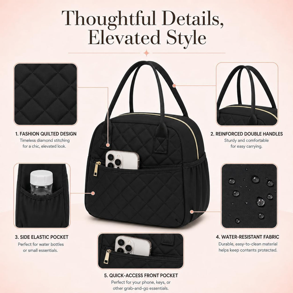Lunch Box For Women Insulated Lunch Bag Lunchbox Cooler Thermal Leakproof Quilted Reusable Lunch Tote Bag For Work School Travel Picnic (Black)
