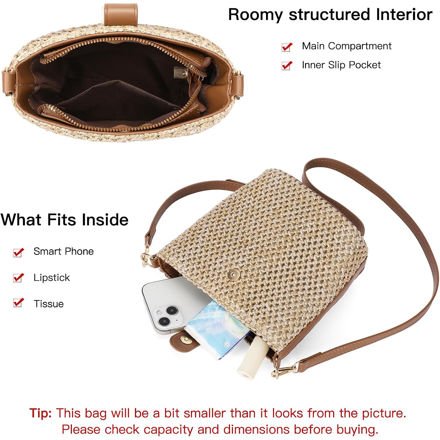 Rniega Small Straw Crossbody Bag For Women Woven Summer Shoulder Phone Purse Beach Handbag For Vacation