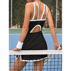 Fisoew Womens Tennis Mini Dress With Built-In Shorts & Bra Open Back Sleeveless Golf Gym Workout Tank Dresses