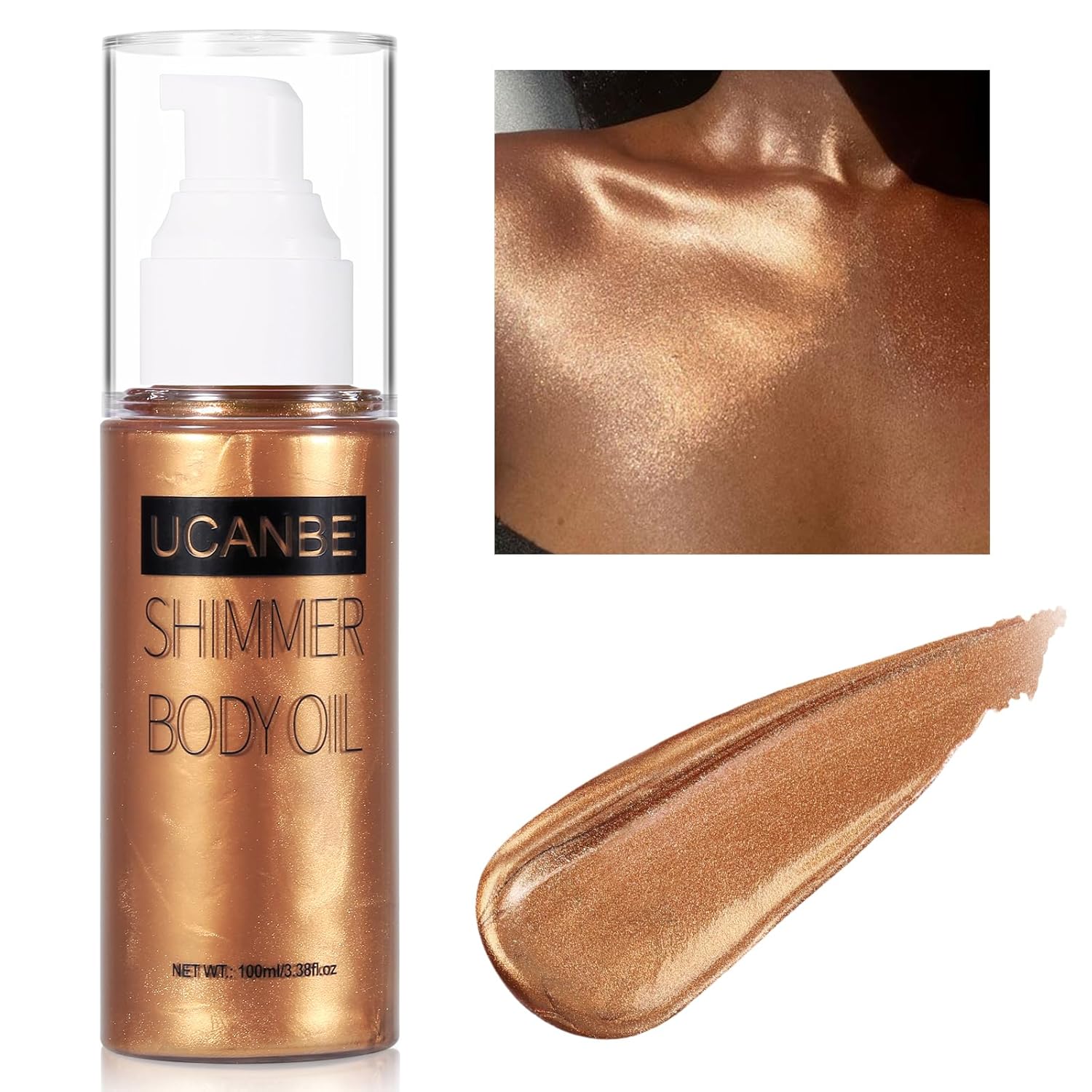 UCANBE Body Shimmer Oil 100ml, Moisturizing Body Glow Glitter Oil, Waterproof Shimmering Luminizer Liquid Illuminator Highlighter, Tinted Shimmer Lotion Glowing Bronzer Makeup(Bronze Gold)