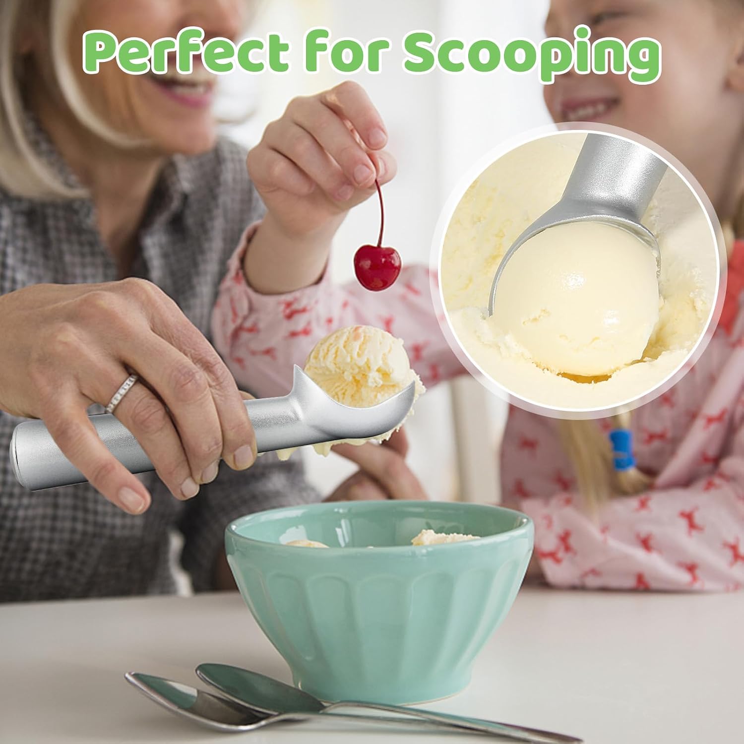 Ice Cream Scoop,7 Inches Nonstick Anti-Freeze One Piece Aluminum Scooper Spoon, Heavy Duty Durable Design, Easy Clean, For Gelato, Cookie Dough, Sorbet, Almond (Silver)