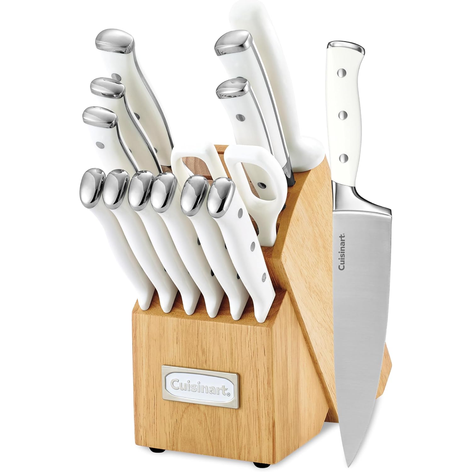 Cuisinart 15-Piece Knife Set With Block, High Carbon Stainless Steel, Forged Triple Rivet, White, C77Wtr-15P
