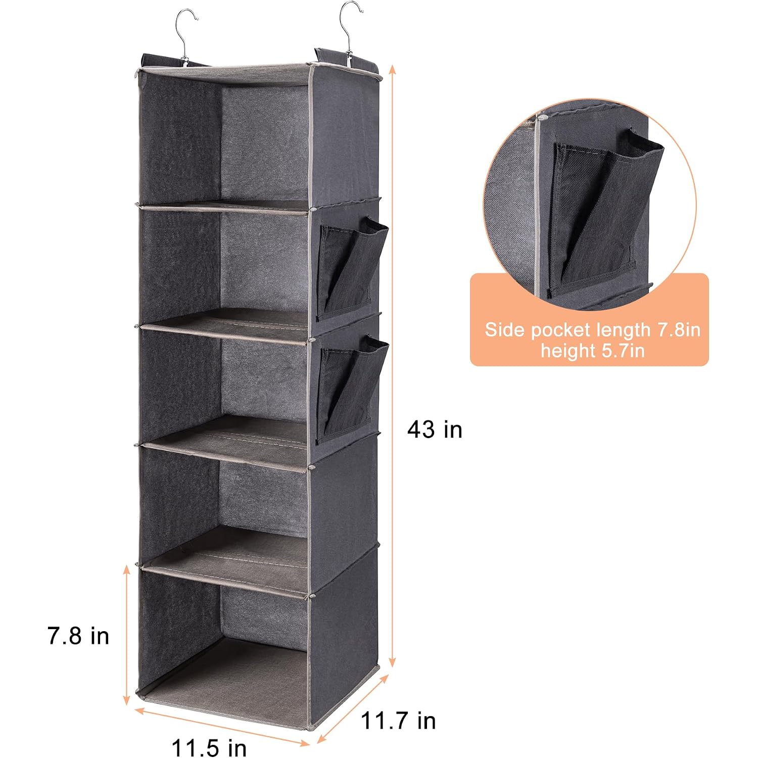 Boomiboo Hanging Closet Organize And Shelves，5-Hanging Shelf With 2 Side Pockets，Storage Foldable （Grey）