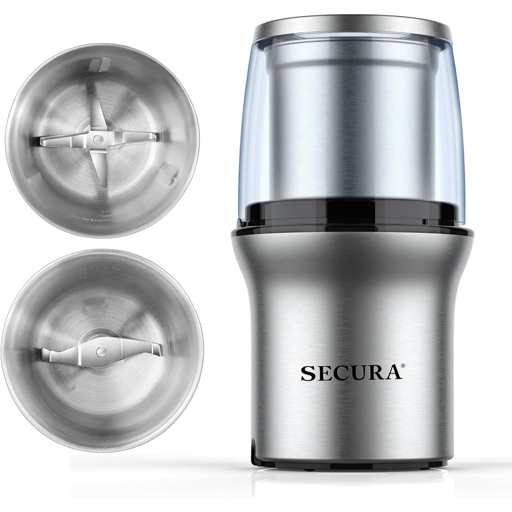 Secura Electric Coffee Grinder And Spice Grinder With 2 Stainless Steel Blades Removable Bowls