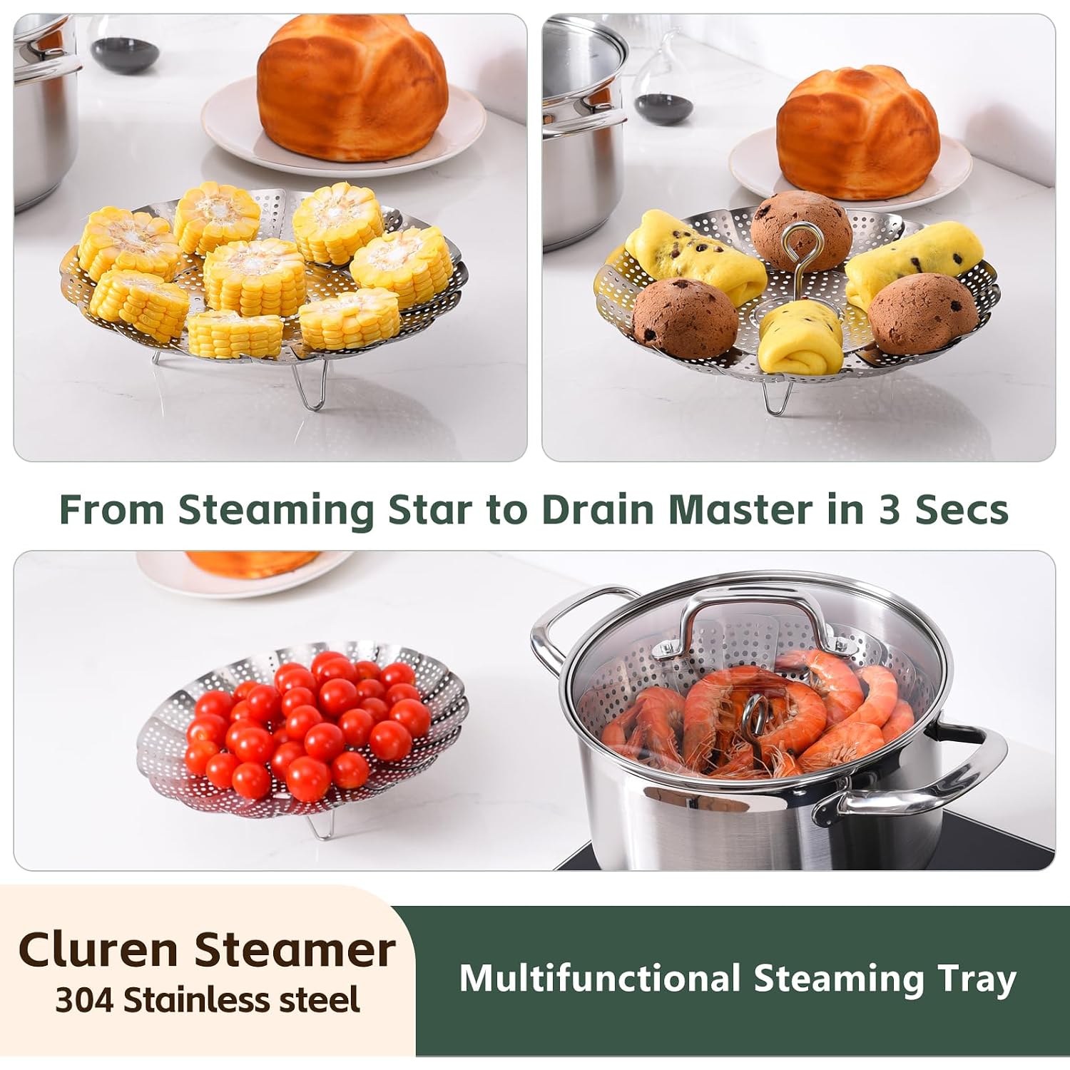 Steamer Basket For Cooking 304 Stainless Steel Entirely Thickened,Collapsible Steamer Insert For Pots, Fits Instant Pot/Skillets (5.5'' To 9.5'')
