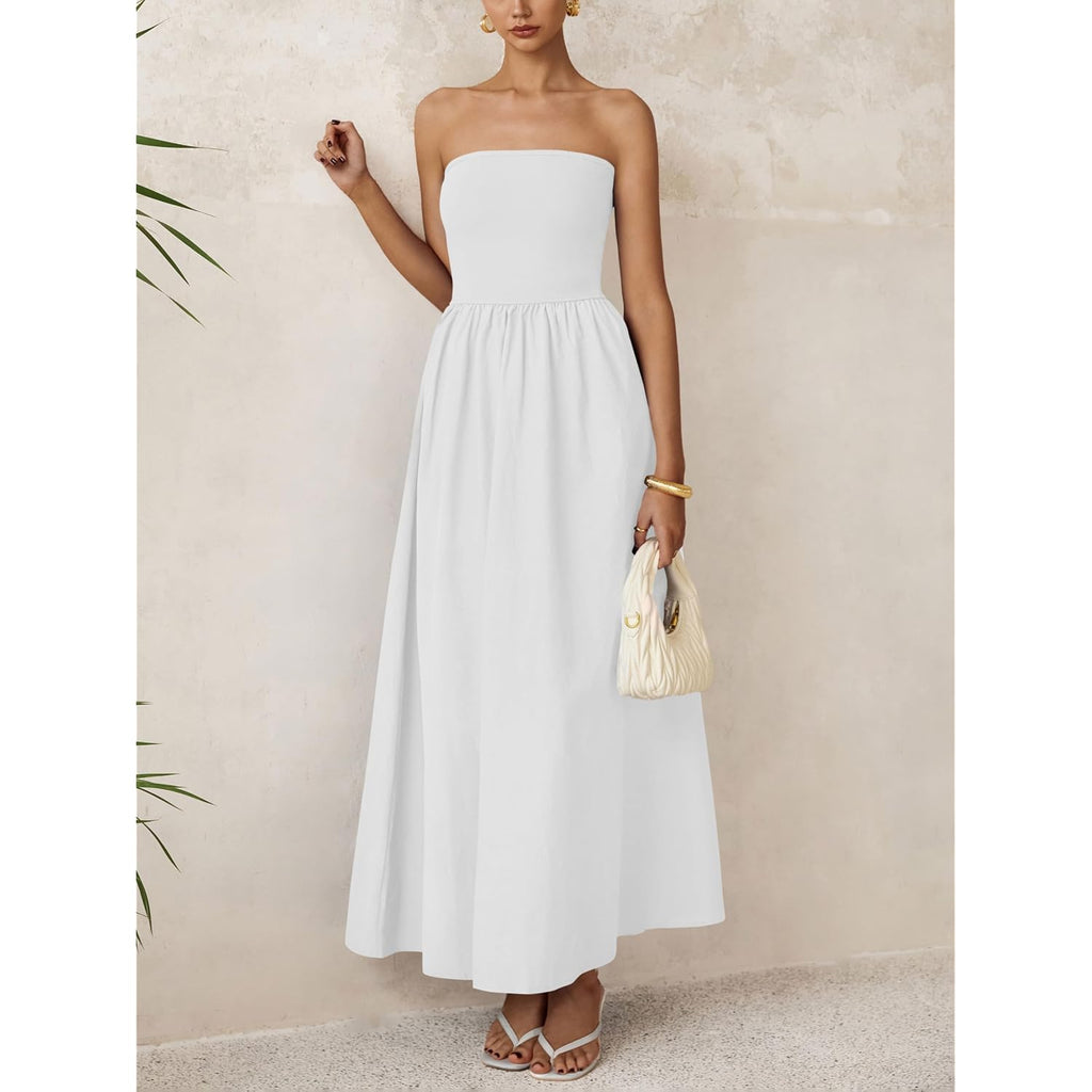 Prettygarden Women 2026 Summer Elegant Strapless Maxi Dress Tube Top Dress A Line Flowy Long Wedding Party Cocktail Dresses
