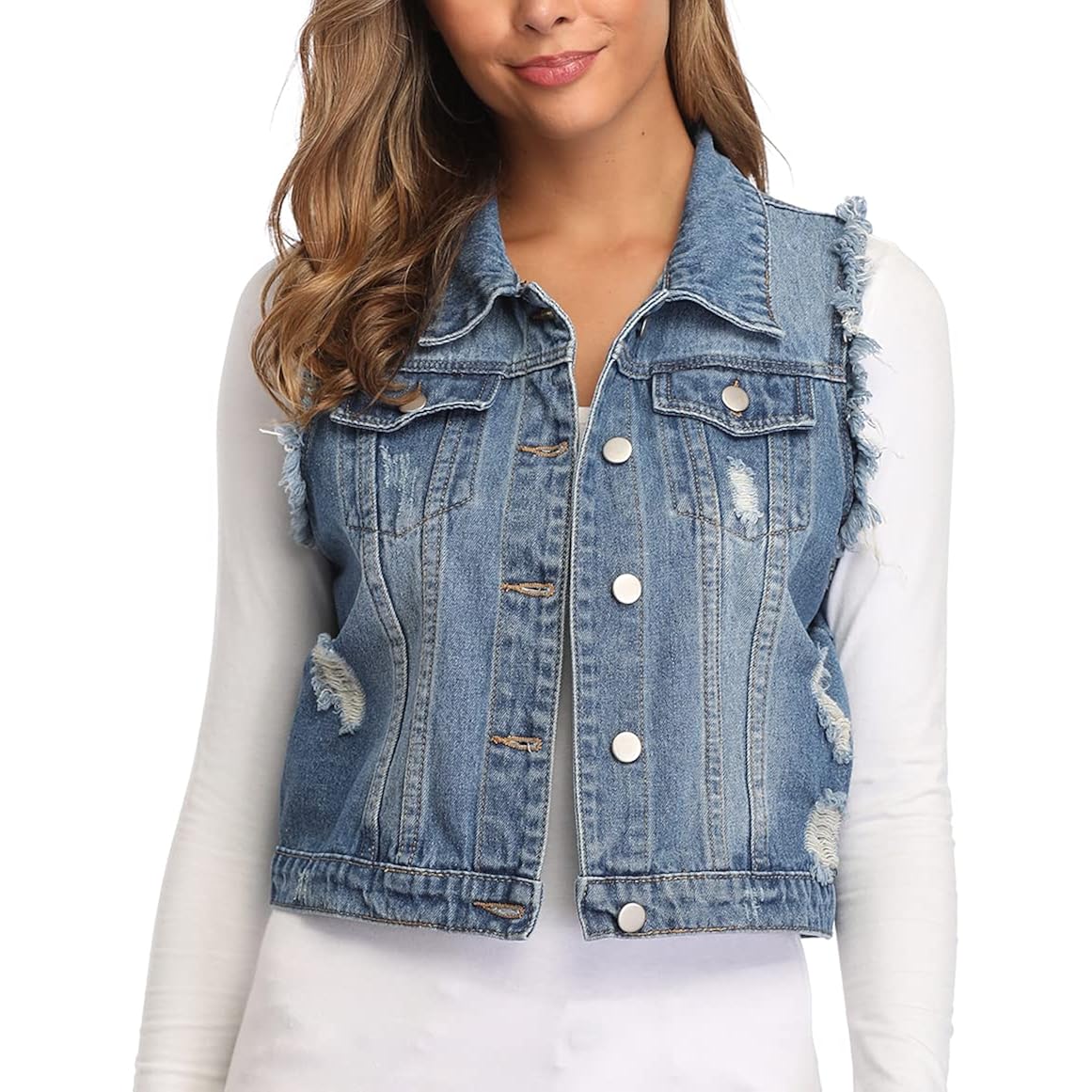 Miss Moly Women'S Ripped Denim Vest Cropped Distressed Classic Sleeveless Jean Vest Jackets With Flap Pockets