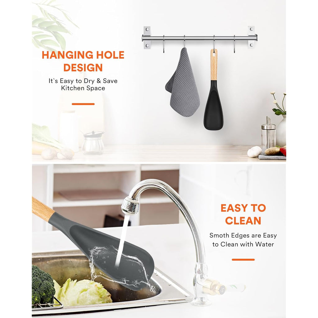 Cooking Spoon For Nonstick Cookwares, Great For Cooking And Serving Sturdy Bpa-Free Matte Silicone, Wood Handle Spoon For Mixing, Scoop, And Scrape (Black & Grey, 11.4 Inch)
