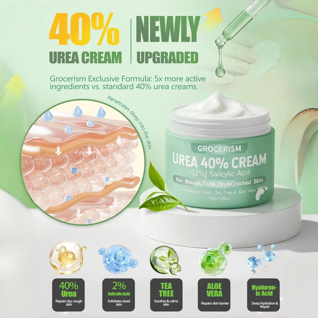 Grocerism Urea Cream 40 Percent For Feet Plus 2% Salicylic Acid 5.29 oz || Foot Cream and Hand Cream Maximum Strength with Hyaluronic Acid,Tea Tree,and Aloe Vera For Deep Moisturizes,Callus Remover
