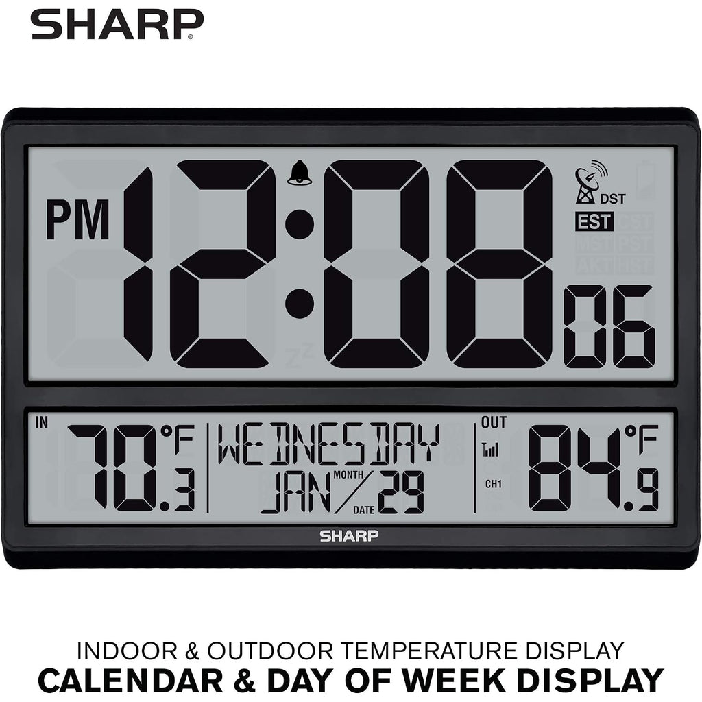 Sharp Atomic Clock - Never Needs Setting! –Easy To Read Numbers - Indoor/Outdoor Temperature, Wireless Outdoor Sensor - Battery Powered - Easy Set-Up (4" Numbers)