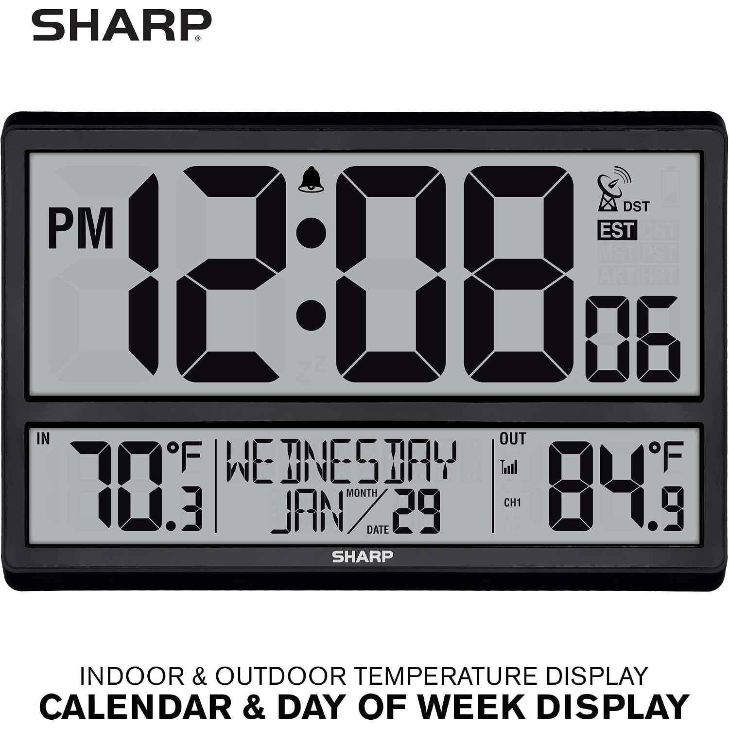 Sharp Atomic Clock - Never Needs Setting! –Easy To Read Numbers - Indoor/Outdoor Temperature, Wireless Outdoor Sensor - Battery Powered - Easy Set-Up (4" Numbers)