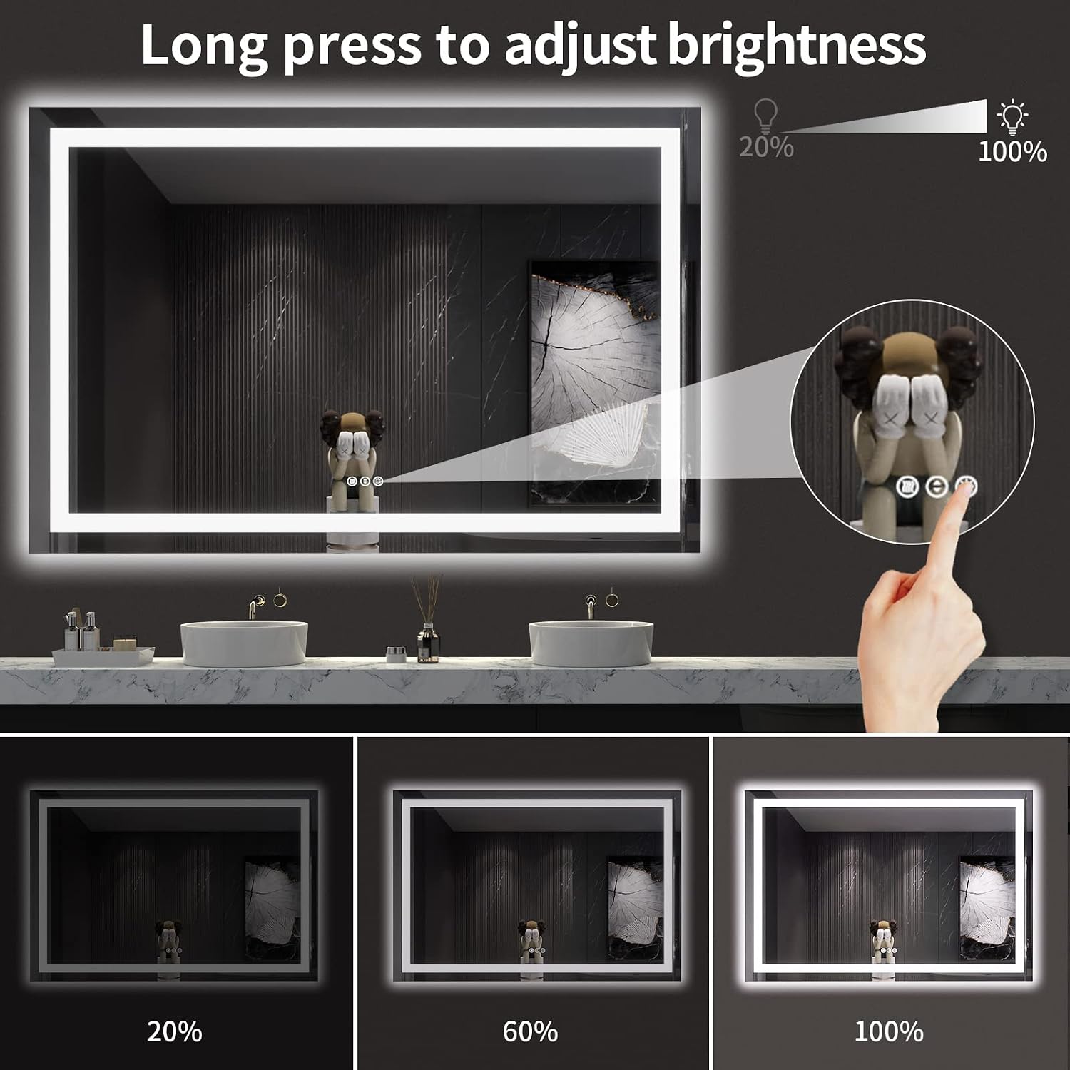 Loaao 60X40 Led Bathroom Mirror With Lights, Anti-Fog, Dimmable, Backlit + Front Lit, Lighted Bathroom Vanity Mirror For Wall, Memory Function, Tempered Glass, Etl Listed