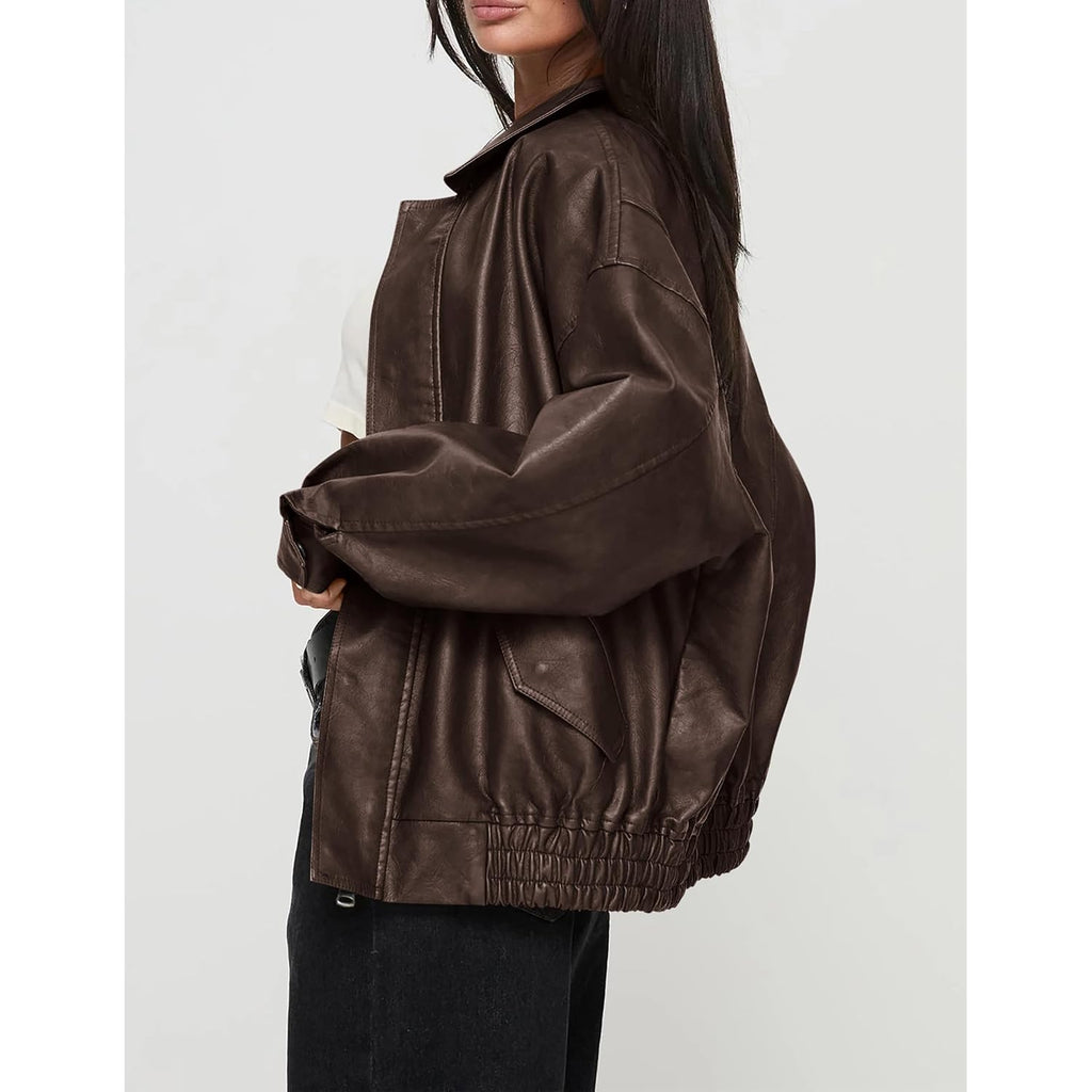 Prettygarden Women'S Faux Leather Motorcycle Jacket Trendy Fall Spring Clothes Oversized Zip Up Winter Coat Outerwear