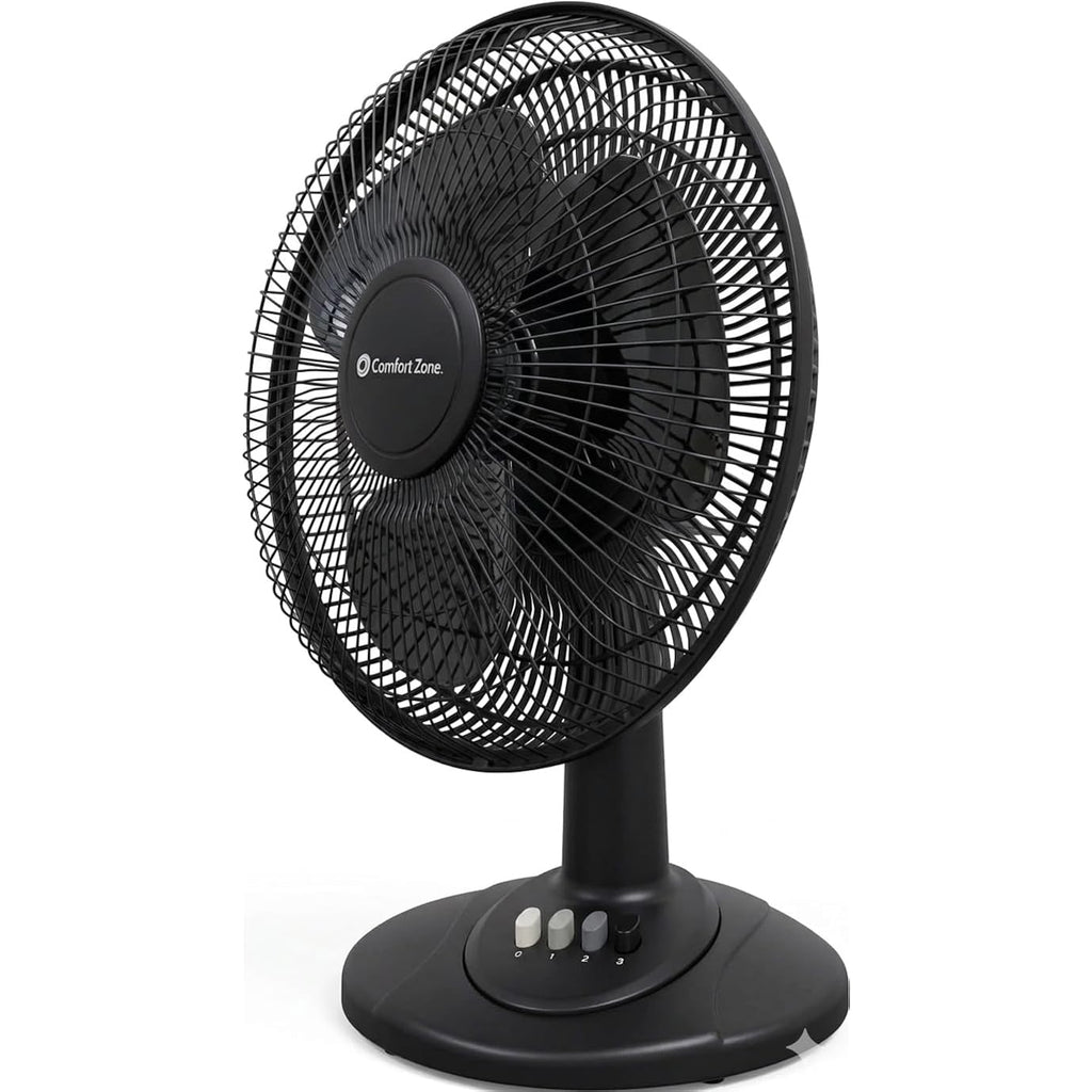 Comfort Zone Oscillating Table Fan With Adjustable Tilt, Convenient Push Button Controls, Quiet, 12 Inch, 3 Speed, Desk Fan, Airflow 7.25 Ft/Sec, Ideal For Home, Bedroom, Dorm & Office, Cz121Bk