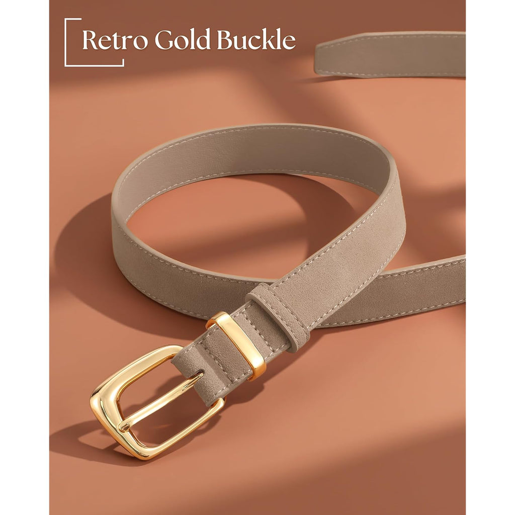 SANSTHS Women Suede Leather Belt for Dresses Jeans Fashion Retro Gold Buckle Ladies Waist Belts