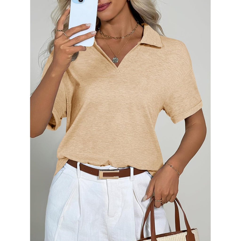 Womens Short Sleeve Polo T Shirts Summer Business Dressy Casual Tops Work Collared V Neck Basic Tees