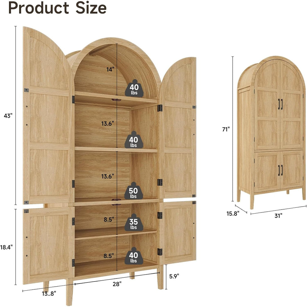 71" Tall Wooden Arched Cabinet, 5-Tier Arched Kitchen Pantry Cabinet With Doors & Shelves, Farmhouse Kitchen Arch Cabinets With Adjustable Feet, Wooden Pantry Storage For Dining Room(Oak)