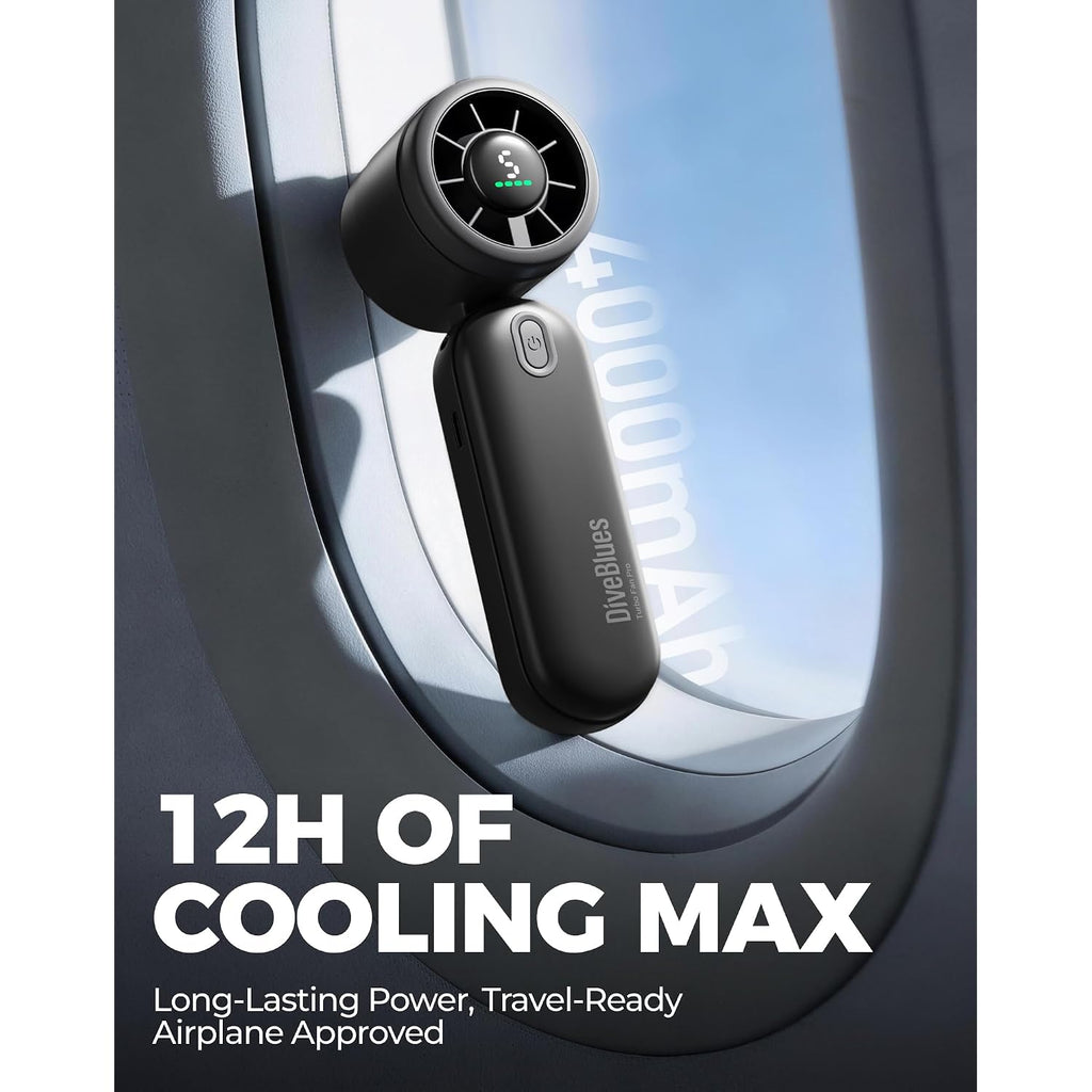Diveblues Mini Portable Handheld Turbo Fan 27Ft/S, 4000Mah Battery | Quiet Motor, 12H Max Cooling, 5 Speeds, Led Display, 3-In-1 Handheld/Neck/Desk Fan For Travel, Cruise & Disney Essentials