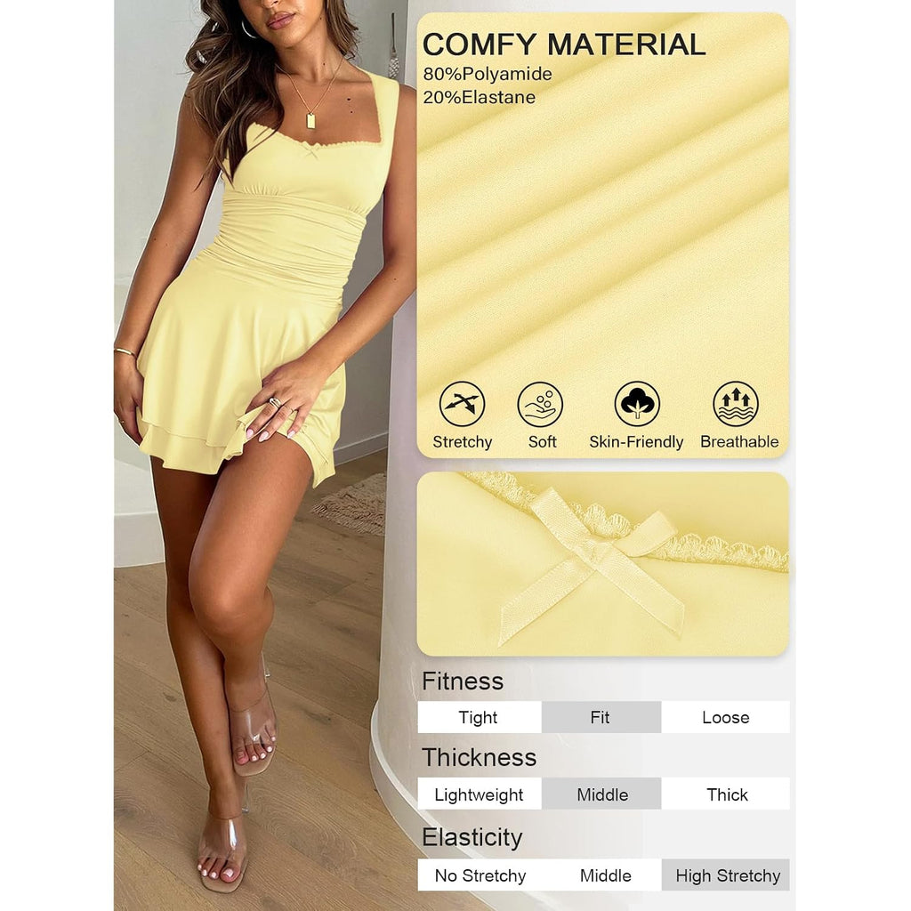 Miyieonz Women'S Square Neck Ruffle Hem Mini Dresses Ruched Waist Slim Sleeveless Corset Dress For Women Short Party Dress